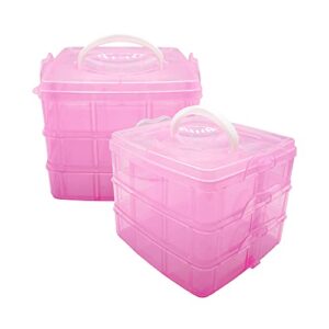 2 pack – small pink stackable craft organizer box, 3-layer small storage container case, with adjustable compartments for beads, crafts, jewelry, fishing tackle (5.75 x 5.75 x 5 inches)