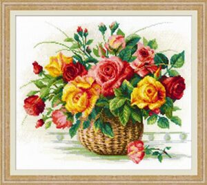 riolis – basket with roses – counted cross stitch kit – 13¾” x 11¾” zweigart 14ct. white aida 29 colors