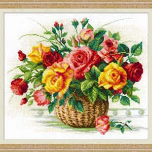 RIOLIS - Basket With Roses - Counted Cross Stitch Kit - 13¾" x 11¾" Zweigart 14ct. White AIDA 29 Colors