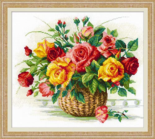 RIOLIS - Basket With Roses - Counted Cross Stitch Kit - 13¾" x 11¾" Zweigart 14ct. White AIDA 29 Colors