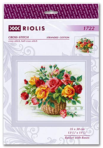 RIOLIS - Basket With Roses - Counted Cross Stitch Kit - 13¾" x 11¾" Zweigart 14ct. White AIDA 29 Colors