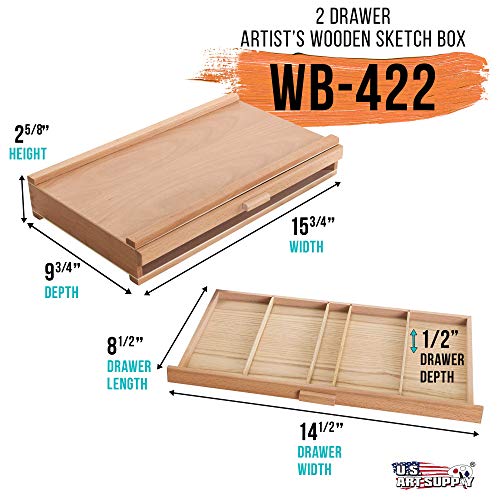 US Art Supply 2-Drawer Artist Wood Pastel, Pen, Marker Storage Box