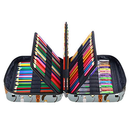 YOUSHARES Colored Pencil Case 220 Slots Pen Case Organizer With Handy Wrap & Zipper, Multilayer Holder for Prismacolor Colored Pencils & Gel Pen (Cat)