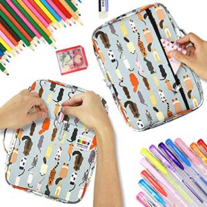 YOUSHARES Colored Pencil Case 220 Slots Pen Case Organizer With Handy Wrap & Zipper, Multilayer Holder for Prismacolor Colored Pencils & Gel Pen (Cat)