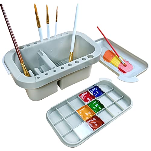 Multifunctional Paint Brush cleaner16 Holes Paint Brush holderwith Paint Pallet Storage Box, Artists Watercolor Oil Acrylic Gouache paintingpainting Supplies, Portable with lid Paint Palette