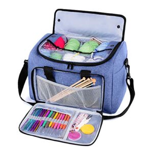 teamoy knitting bag with inner detachable divider, yarn storage crochet bag for unfinished projects, crochet hooks and other accessories, dark blue