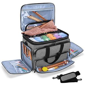 yarwo knitting yarn bag, portable crochet storage tote with double top cover and yarn holes for knitting needles(up to 14”), unfinished projects and skeins of yarn, gray
