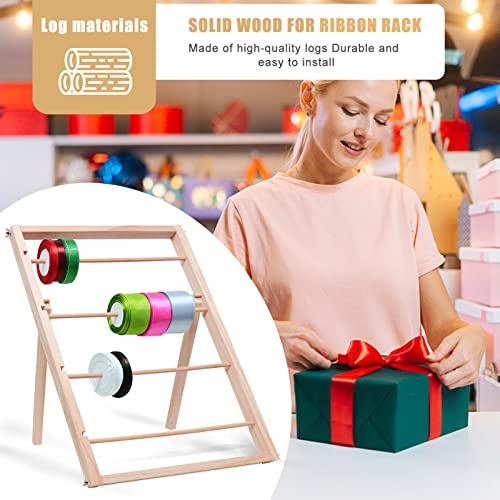 Wood Ribbon Storage Organizer - Ribbon Holder Organizer Rack for Craft Paper Roll - Christmas Gift Wrapping Ribbon Dispenser - Ribbon Organizer for Craft Room, 4-Ply, 1 Pack