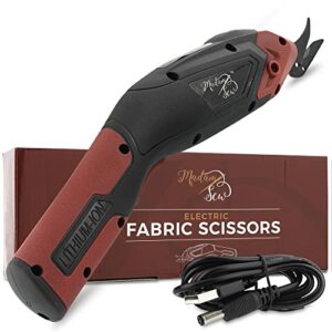 madam sew electric scissors for fabric cutting, heavy duty cordless shears with usb rechargeable battery, trigger operation and non-slip grip cuts denim, wool, leather – replacement blades available
