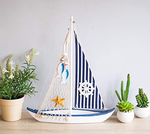 Juvale Sailboat Model Decoration - Wooden Sailing Boat Home Decor Set, Beach Nautical Design, Navy Blue and White with Ship's Wheel, 13 x 15 x 3 Inches