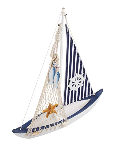 Juvale Sailboat Model Decoration - Wooden Sailing Boat Home Decor Set, Beach Nautical Design, Navy Blue and White with Ship's Wheel, 13 x 15 x 3 Inches