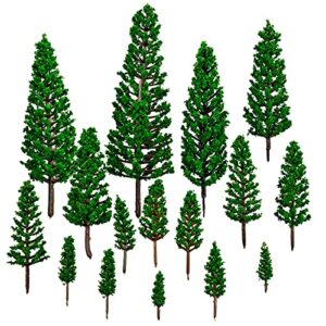 16pcs model pine trees, railroad green scenery cedar tree, mixed size mini landscape tree(1.4-6.3in), for woodland scenics, architecture, fairy garden decor