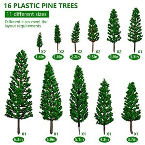 16pcs Model Pine Trees, Railroad Green Scenery Cedar Tree, Mixed Size Mini Landscape Tree(1.4-6.3in), for Woodland Scenics, Architecture, Fairy Garden Decor