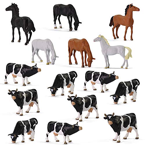 AN4303 15PCS 1:43 Farm Animals Horses and Cows O Scale PVC Well Painted Horse and Cow Use for Model Scenery Desktop Decor Railway Layout Diorama Miniature Landscape