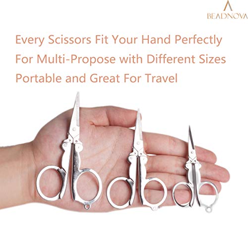 BEADNOVA Folding Scissors with Keychain Stainless Steel Travel Portable Scissors for Craft, Camping, Outdoors (3pcs, Assorted)