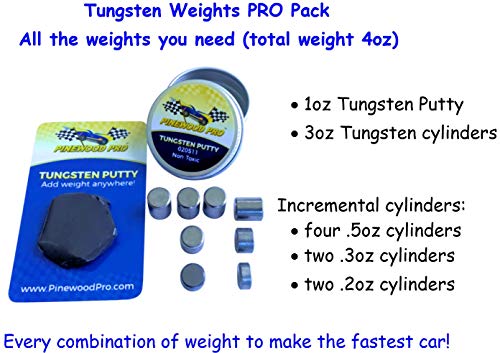 Pinewood Pro 1oz Tungsten Putty and 3oz Tungsten Cylinders - Weights for use on Derby Cars