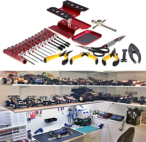 RC Car Tool Kit 25Pcs Hex Nut Drivers Phillips Screwdriver Stand Pliers, Wrench, Reamer, Repair Tools for Rc Car DJI Drone Traxxas Boat Quadcopter Drone Helicopter Airplane (Red)