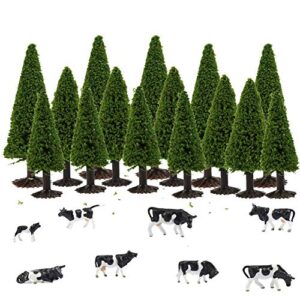 s0701 15pcs dark green pine model cedar trees and 8pcs model cows for model railroad scenery landscape layout ho oo scale new