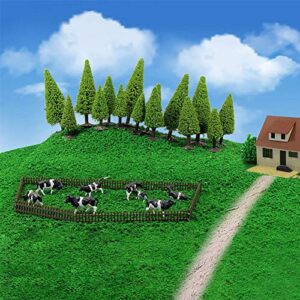 S0701 15pcs Dark Green Pine Model Cedar Trees and 8pcs Model Cows for Model Railroad Scenery Landscape Layout HO OO Scale New