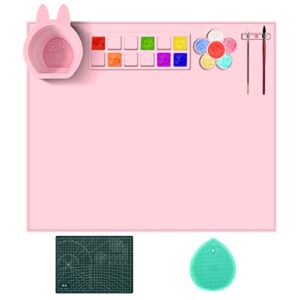 silicone art mat, silicone mats for crafts – silicone painting mat with a4 cutting mat, silicone artist mat with cup for art, handmade, crafts, sewing and scrapbooking (pink)