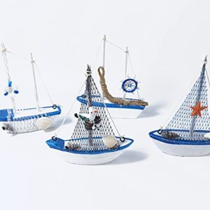 TIHOOD 4PCS Mini Sailboat Model Decoration Wooden Miniature Sailing Boat Home Decor Set, Beach Nautical Design, Navy Blue and White, 4.4 x 6.8 Inch (StyleB)