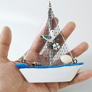 TIHOOD 4PCS Mini Sailboat Model Decoration Wooden Miniature Sailing Boat Home Decor Set, Beach Nautical Design, Navy Blue and White, 4.4 x 6.8 Inch (StyleB)