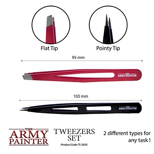 The Army Painter 2-Piece Precision Tweezers Set of Slant & Pointy Tweezers – Craft Tweezers Precision Fine Point for Assembling Miniatures- Small Crafting Tweezers: 95 mm Flat Tip & 103 mm Pointy Tip