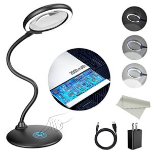 5x rechargeable magnifying glass with light and stand, raweao dimmable lighted magnifying lamp glass hands free for reading, close work, hobbies, crafts
