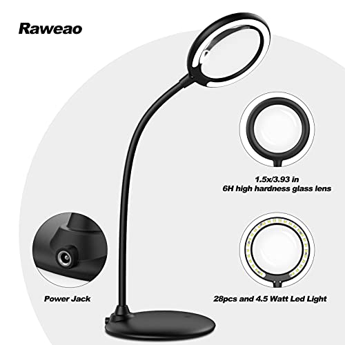 5X Rechargeable Magnifying Glass with Light and Stand, Raweao Dimmable Lighted Magnifying Lamp Glass Hands Free for Reading, Close Work, Hobbies, Crafts