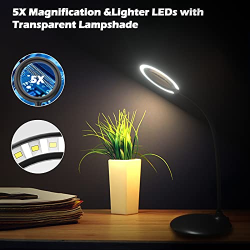 5X Rechargeable Magnifying Glass with Light and Stand, Raweao Dimmable Lighted Magnifying Lamp Glass Hands Free for Reading, Close Work, Hobbies, Crafts