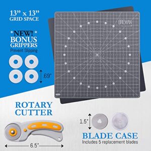 WA Portman Rotating Self Healing Cutting Mat And Rotary Cutter Set - Rotating Cutting Mat for Sewing & Quilting - 13x13 Inch Self Healing Cutting Mat Set - Rotary Cutter Mat - 5 Extra Blades