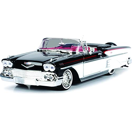 1958 Chevy Impala Convertible Lowrider Black and White with Red Interior Get Low Series 1/24 Diecast Model Car by Motormax 79025