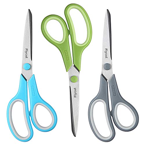 Scissors, Flycut Comfort Grip 8 Inch MutiPurpose 3-Pack Heavy Duty Durable Stainless steel and Sharp Blade for Cutting paper,Cardboard, Fabric, Craft Sewing.Suitable for Office, School and Home Use.