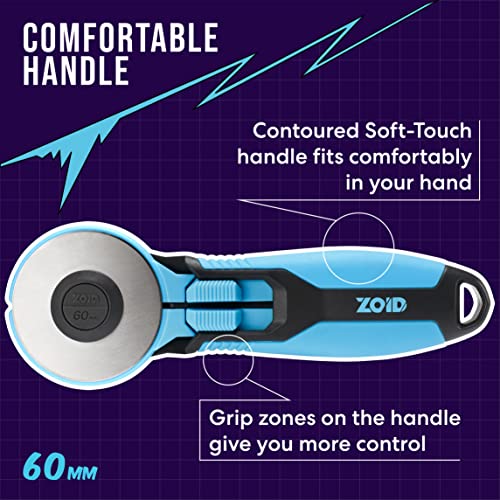 Zoid 60mm Rotary Cutter with Grip, Fabric Cutter Wheel, Rotary Cutter Blade, Craft Cutting Tool, Freehand Tool For Dense Fabrics,Denim, Corduroy and Multiple Projects, Soft-Touch Handle