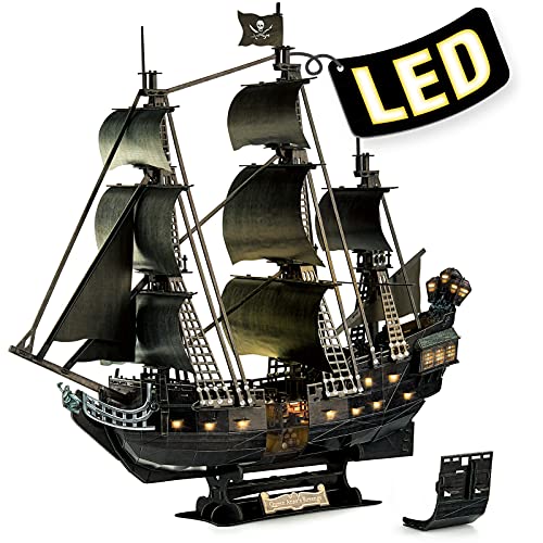 3D Puzzle for Adults Moveable LED Pirate Ship with Detailed Interior Decoration, Large Queen Anne's Revenge Desk Puzzles, Difficult 3D Puzzles with Lights Gifts for Men Women