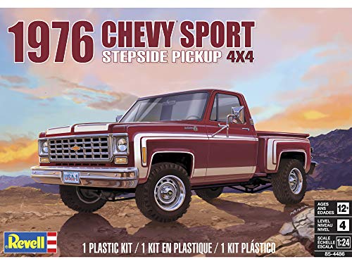 Revell 85-4486 1976 Chevy Sport Stepside Pickup 4X4 Model Truck Kit 1:24 Scale 102-Piece Skill Level 4 Plastic Model Building Kit, Red