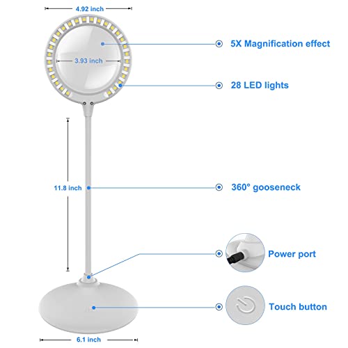 Rechargeable 5X Magnifying Glass with Light and Stand, XYK Desk Magnifying Lamp for Reading, Hobbies, Crafts, Workbench - White…