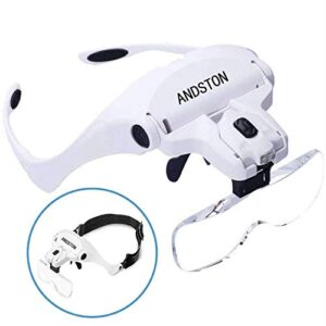 magnifying glasses – andston head mount magnifier with light, 2 led professional jewelry magnifying glass light bracket and headband are interchangeable