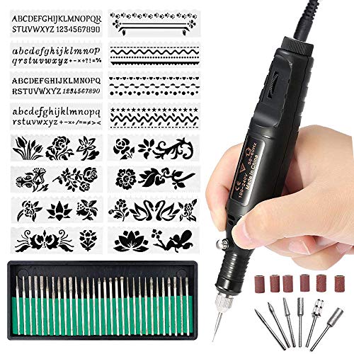 AxPower Electric Micro Engraver Pen Mini DIY Vibro Engraving Tool Kit for Glass Ceramic Plastic Wood Jewelry with Scriber Etcher 30 Bits and 6 Polishing Head and 16 Stencils