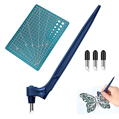 Craft Cutting Tools, Craft Cutting Tools Pen, 360 Degree Rotating Cutting Blade Stainless Steel Craft Knives, Handheld Paper-Cutting Tool with 3 Cutter Heads for Craft (Blue)