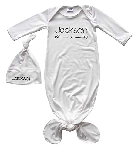 Silky Knotted Baby Gown with Personalized Matching Silky Knotted Hat, Unisex, Boys, & Girls, Infant Sleeper-Personalized with Name-Star and Arrow (0-3 months, Silky Off White)