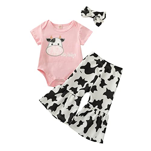 Infant Newborn Baby Girls Outfit Cow Words Prints Short Sleeve Tops Bell Bottom Pants Headband 3pcs Set Outfits New Baby Pink