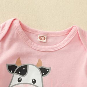 Infant Newborn Baby Girls Outfit Cow Words Prints Short Sleeve Tops Bell Bottom Pants Headband 3pcs Set Outfits New Baby Pink