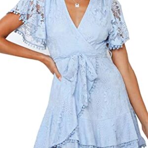 Women's Flower Lace Tie Front Wrap Mini Dress- Deep V Neck Floral Ruffle Sleeves Hem Short Skater Dresses for Bridal Shower Baby Blue