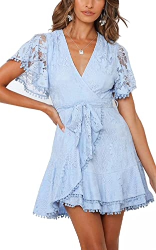 Women's Flower Lace Tie Front Wrap Mini Dress- Deep V Neck Floral Ruffle Sleeves Hem Short Skater Dresses for Bridal Shower Baby Blue