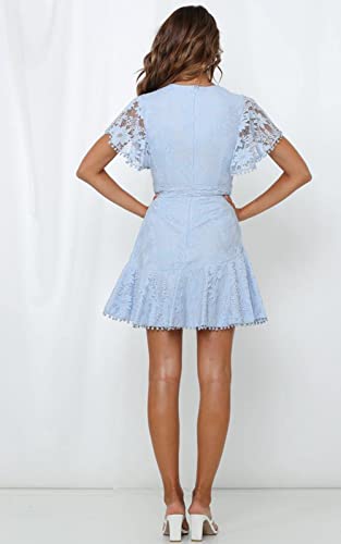 Women's Flower Lace Tie Front Wrap Mini Dress- Deep V Neck Floral Ruffle Sleeves Hem Short Skater Dresses for Bridal Shower Baby Blue