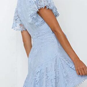 Women's Flower Lace Tie Front Wrap Mini Dress- Deep V Neck Floral Ruffle Sleeves Hem Short Skater Dresses for Bridal Shower Baby Blue