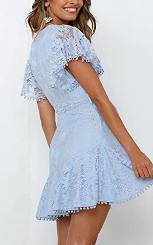 Women's Flower Lace Tie Front Wrap Mini Dress- Deep V Neck Floral Ruffle Sleeves Hem Short Skater Dresses for Bridal Shower Baby Blue