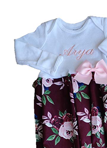 Theposhlayette Newborn Baby Girl Coming Home Outfit Personalized Floral Layette Gown with Beanie Baby Girl Shower Gifts (0 to 3 months)