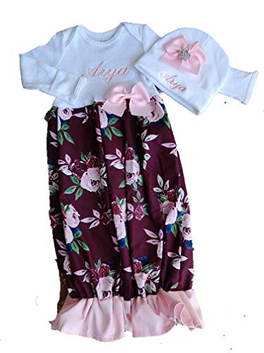 Theposhlayette Newborn Baby Girl Coming Home Outfit Personalized Floral Layette Gown with Beanie Baby Girl Shower Gifts (0 to 3 months)